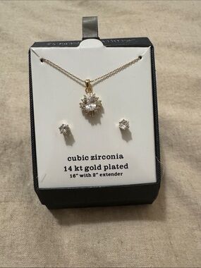 14kt Gold Plated Cubic Zirconia Pendant Necklace and Stud Earrings - Gold